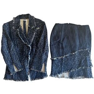Rene Ruiz Blue Sequin Tweed Fringe Blazer Jacket & Pencil Skirt Set Women's Sz 6